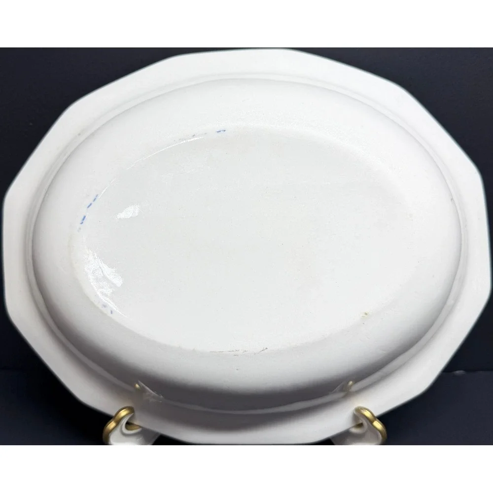 Antique Flow Blue Ironstone Oval‎ Serving Bowl Gold Floral Gilt Scalloped Rim